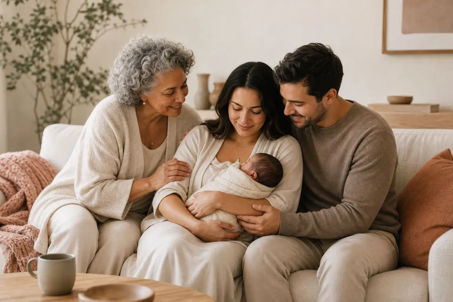 Multigenerational family gathered around a new parent and baby at home