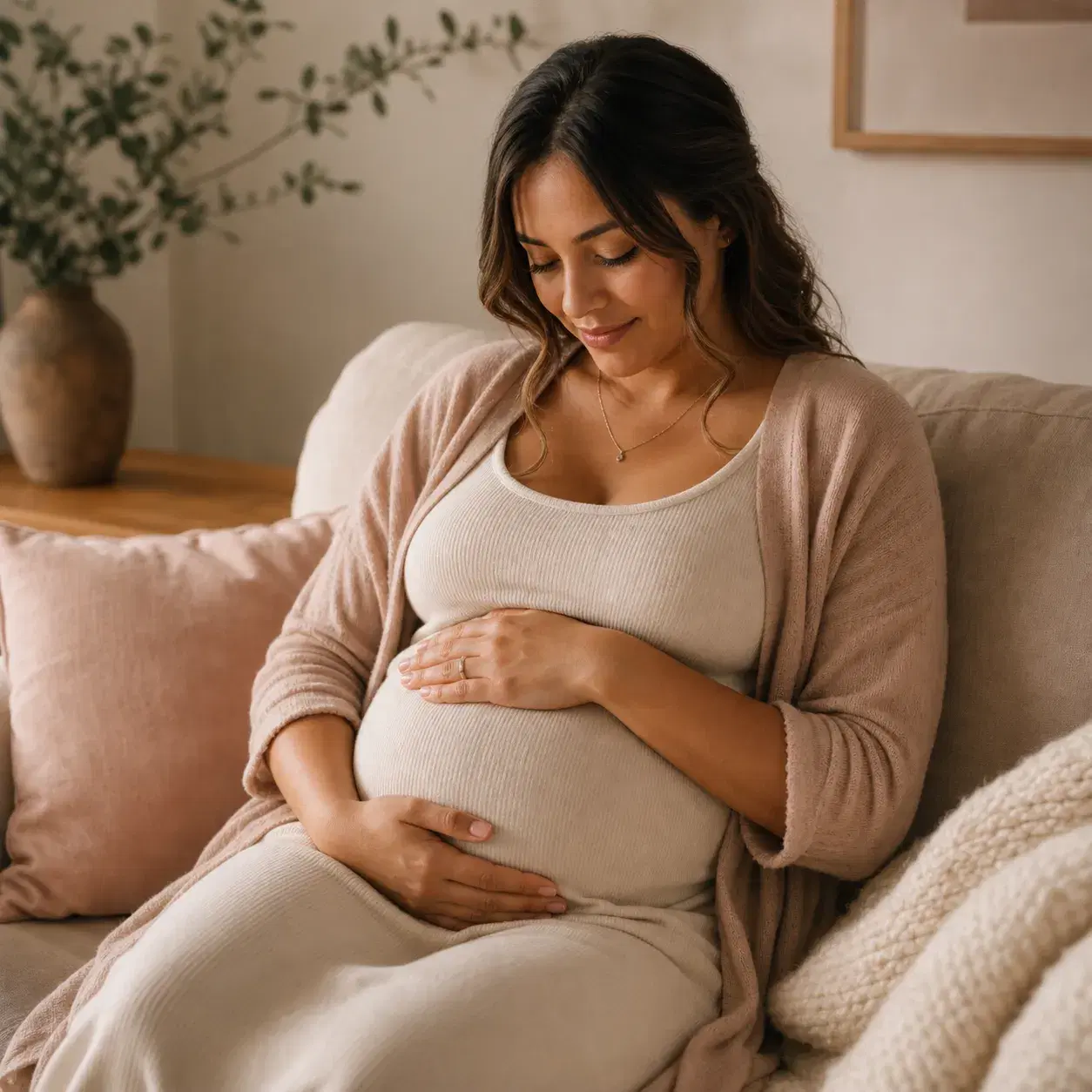 Pregnant mother resting with hands on her belly in a warm home