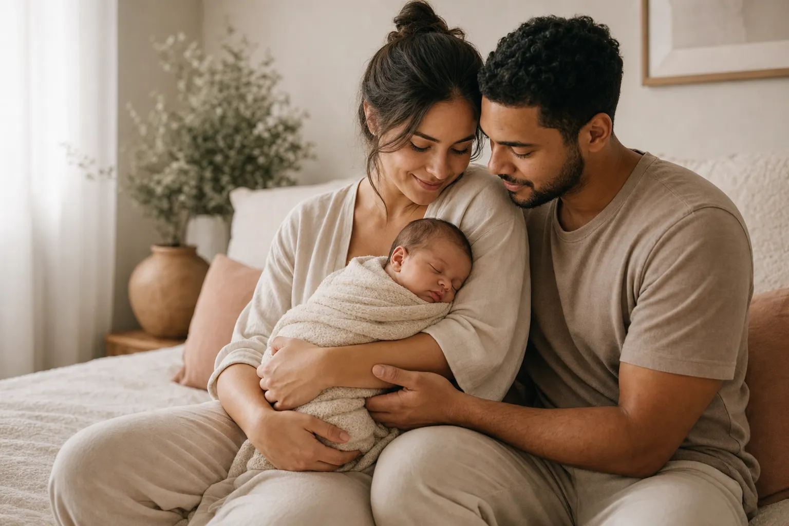 Parents sitting together with their newborn in a calm home setting.
