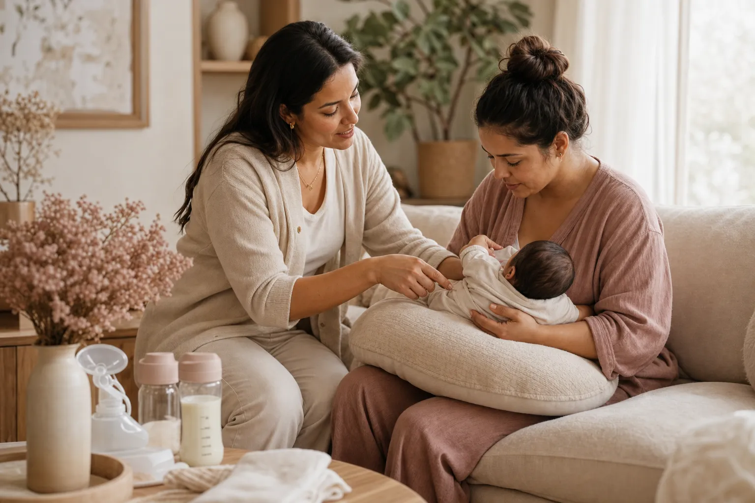 A lactation consultant sitting beside a parent and newborn during a calm feeding support visit.