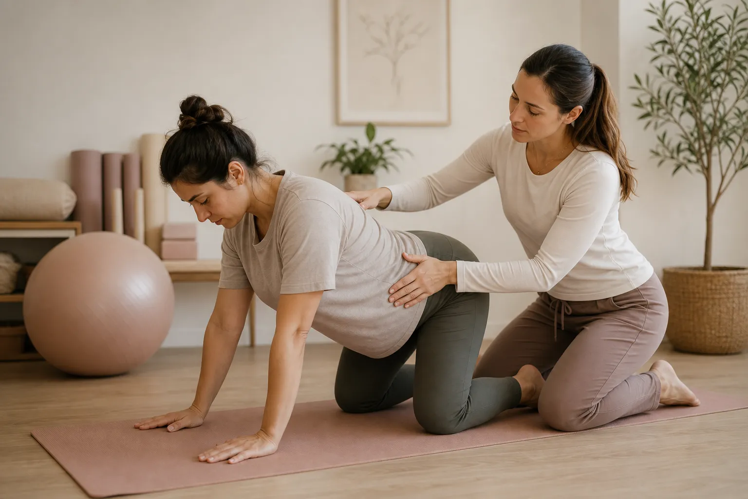 A pelvic floor physical therapist talking with a postpartum parent during a calm recovery-focused visit.