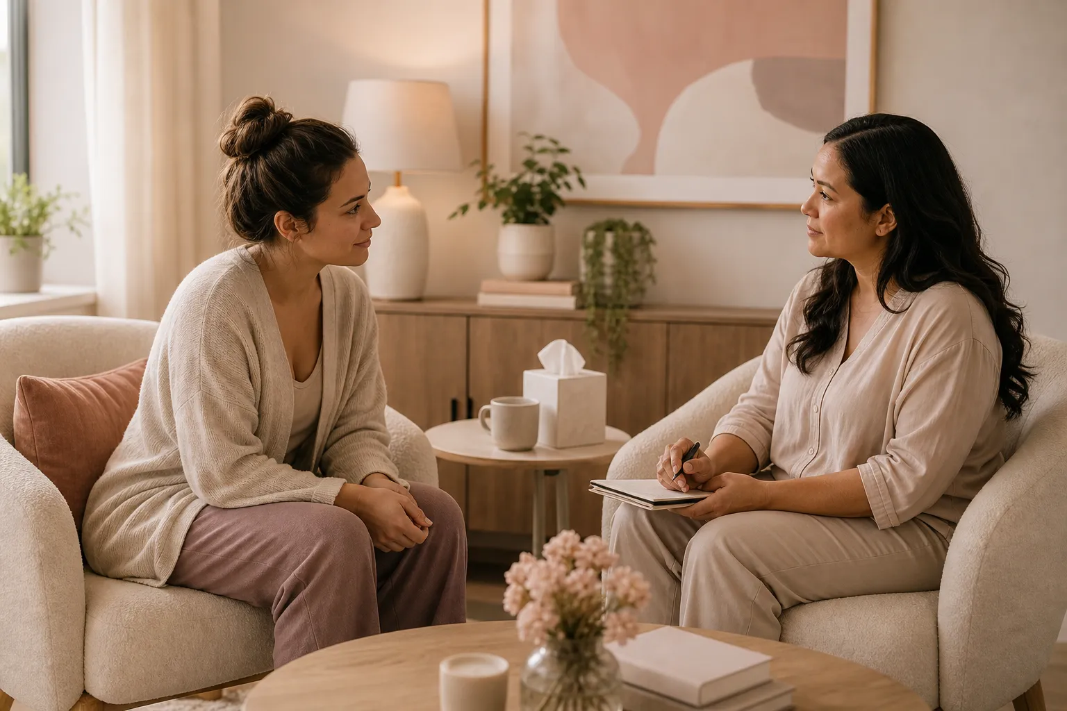 A parent talking with a supportive mental health professional in a calm, private setting.